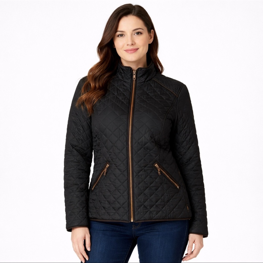 Free Country Women’s Black Quilted Zip Jacket Faux Leather Trim Size Large - Picture 2 of 6